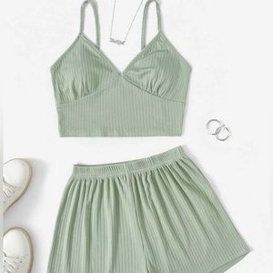 Solid ribbed knit lounge set